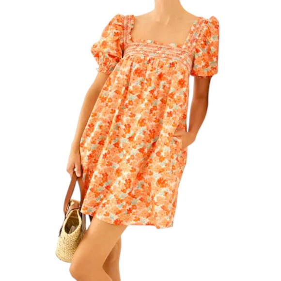 Something Navy Revolve Orange Combo Floral Puffed Sleeve Baby Doll Dress - Picture 1 of 7